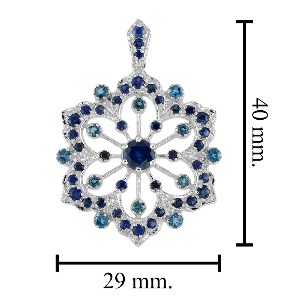 Blue Sapphire & London Blue Topaz Vintage Style Floral Flower Snowflake Pendant