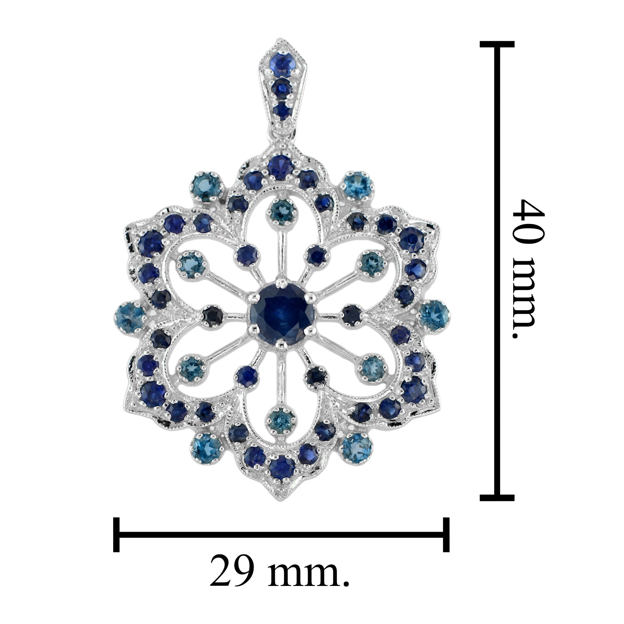 Blue Sapphire & London Blue Topaz Vintage Style Floral Flower Snowflake Pendant
