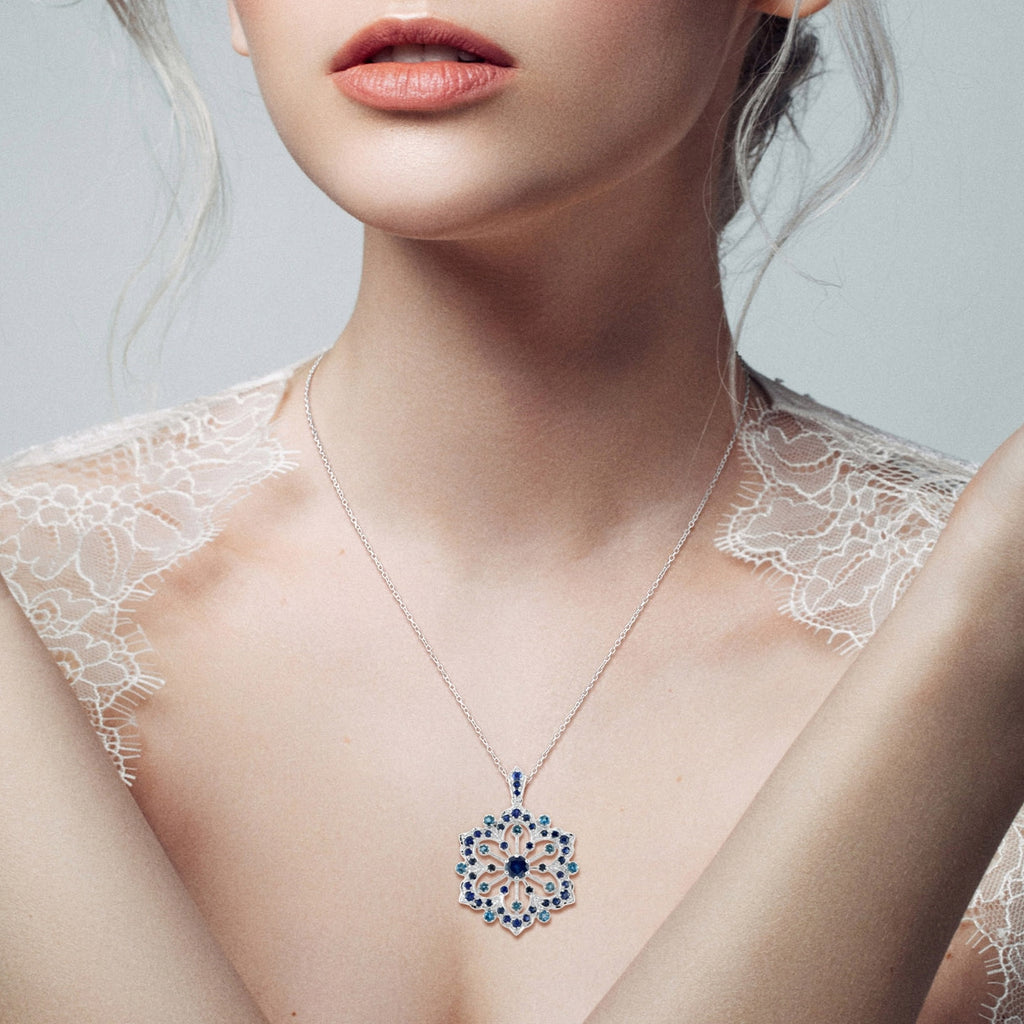 Blue Sapphire & London Blue Topaz Vintage Style Floral Flower Snowflake Pendant