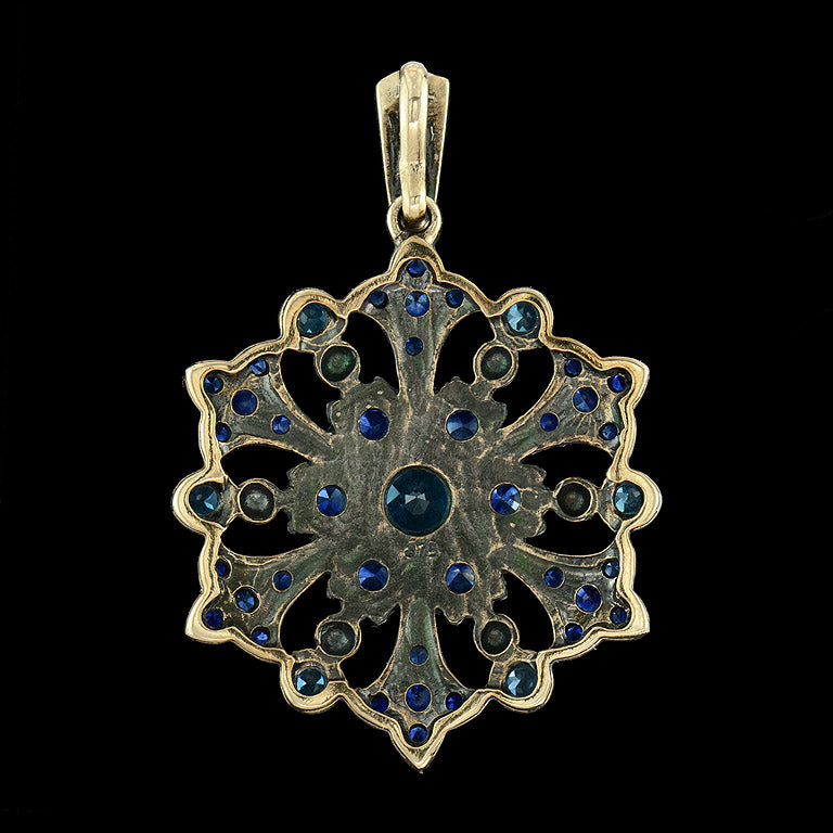London Blue Topaz Sapphire Vintage Style Floral Yellow Gold Pendant