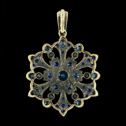 London Blue Topaz Sapphire Vintage Style Floral Yellow Gold Pendant