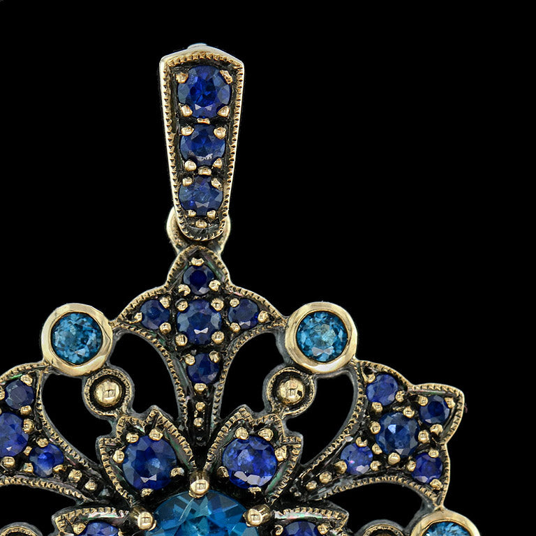 London Blue Topaz Sapphire Vintage Style Floral Yellow Gold Pendant