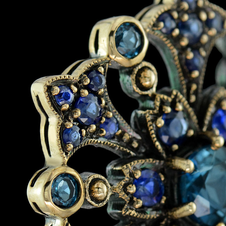 London Blue Topaz Sapphire Vintage Style Floral Yellow Gold Pendant