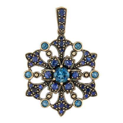 London Blue Topaz Sapphire Vintage Style Floral Yellow Gold Pendant