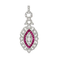 Diamond & Red Pink Ruby Art Deco Style Marquise Shape Dangle White Gold Pendant