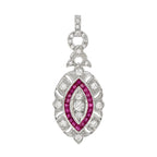 Diamond & Red Pink Ruby Art Deco Style Marquise Shape Dangle White Gold Pendant