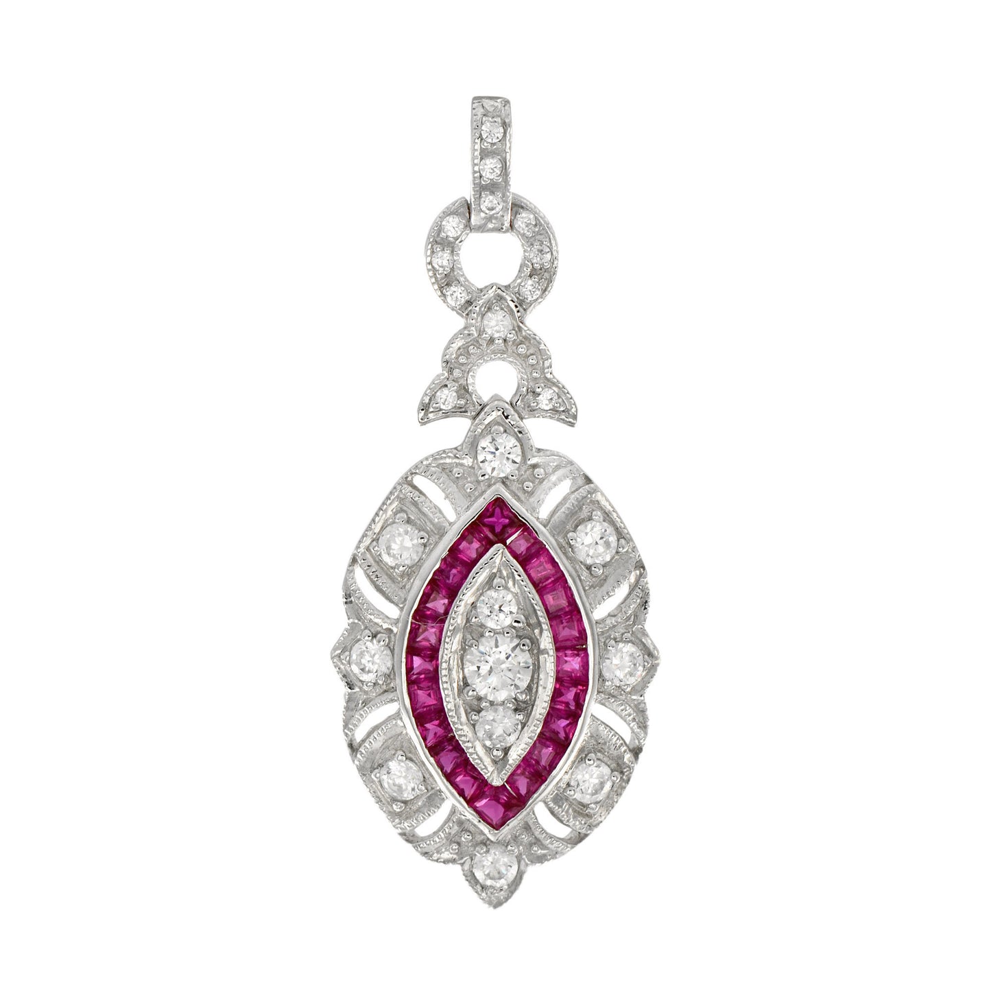 diamond & red pink ruby art deco style marquise shape dangle white gold pendant