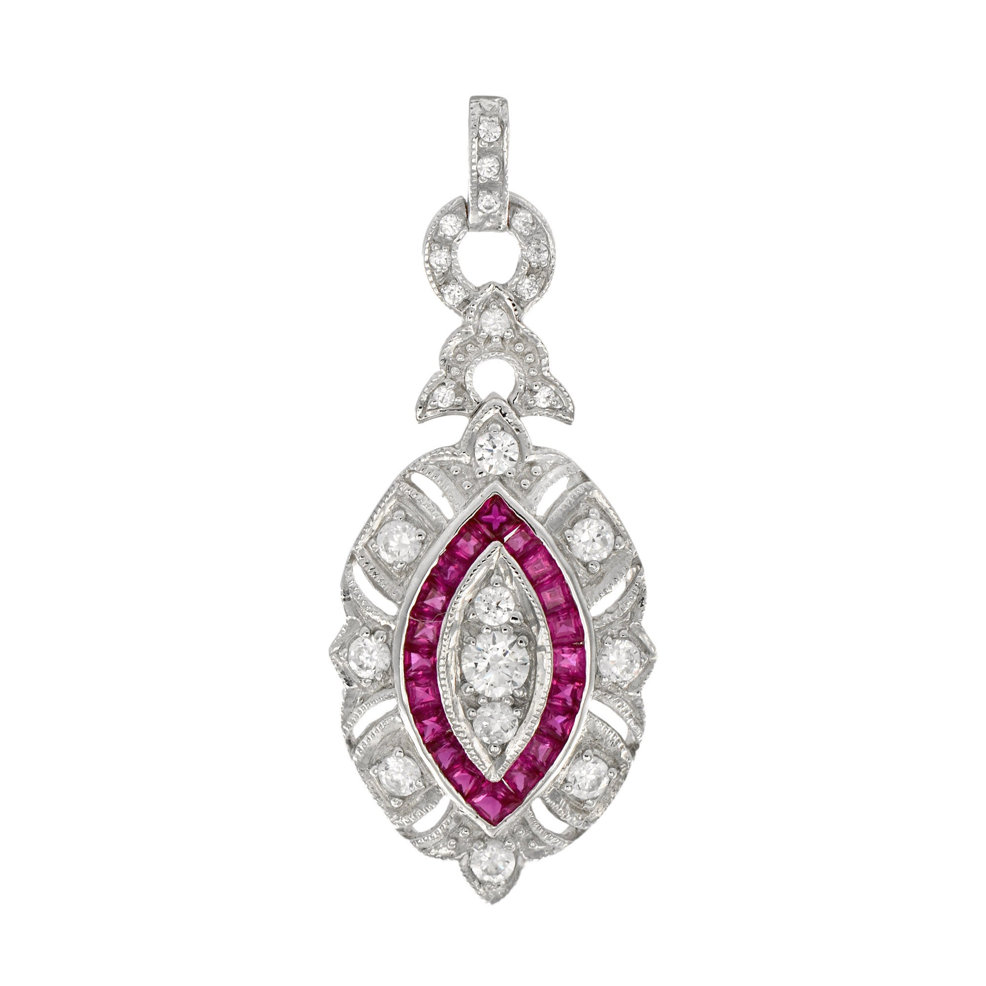 Diamond &amp; Red Pink Ruby Art Deco Style Marquise Shape Dangle White Gold Pendant