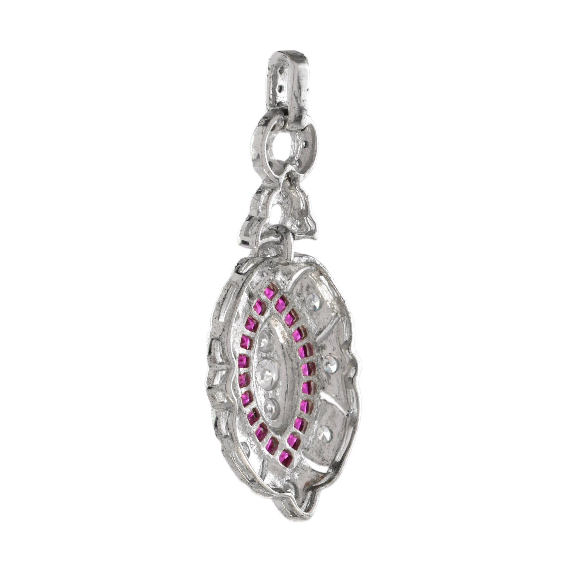 Diamond & Red Pink Ruby Art Deco Style Marquise Shape Dangle White Gold Pendant