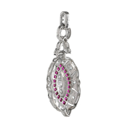 Diamond & Red Pink Ruby Art Deco Style Marquise Shape Dangle White Gold Pendant