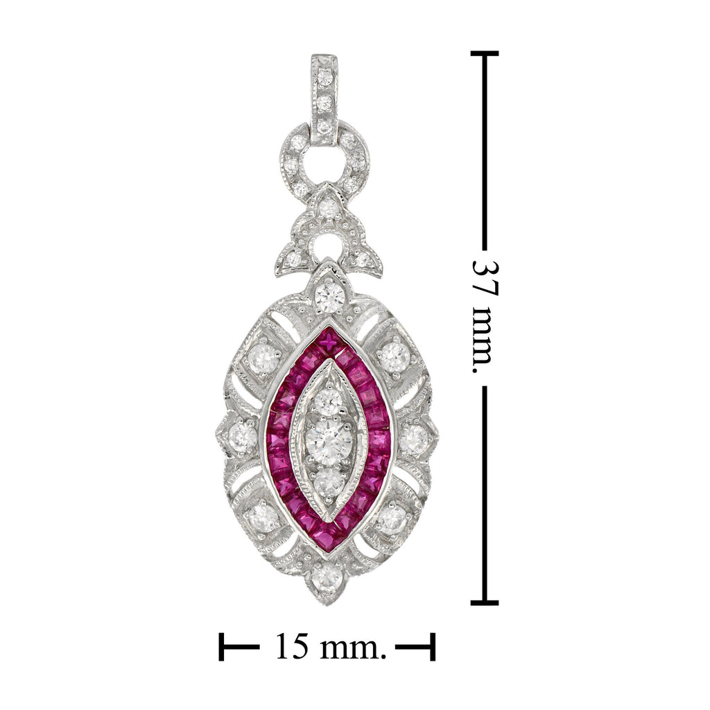 Diamond & Red Pink Ruby Art Deco Style Marquise Shape Dangle White Gold Pendant