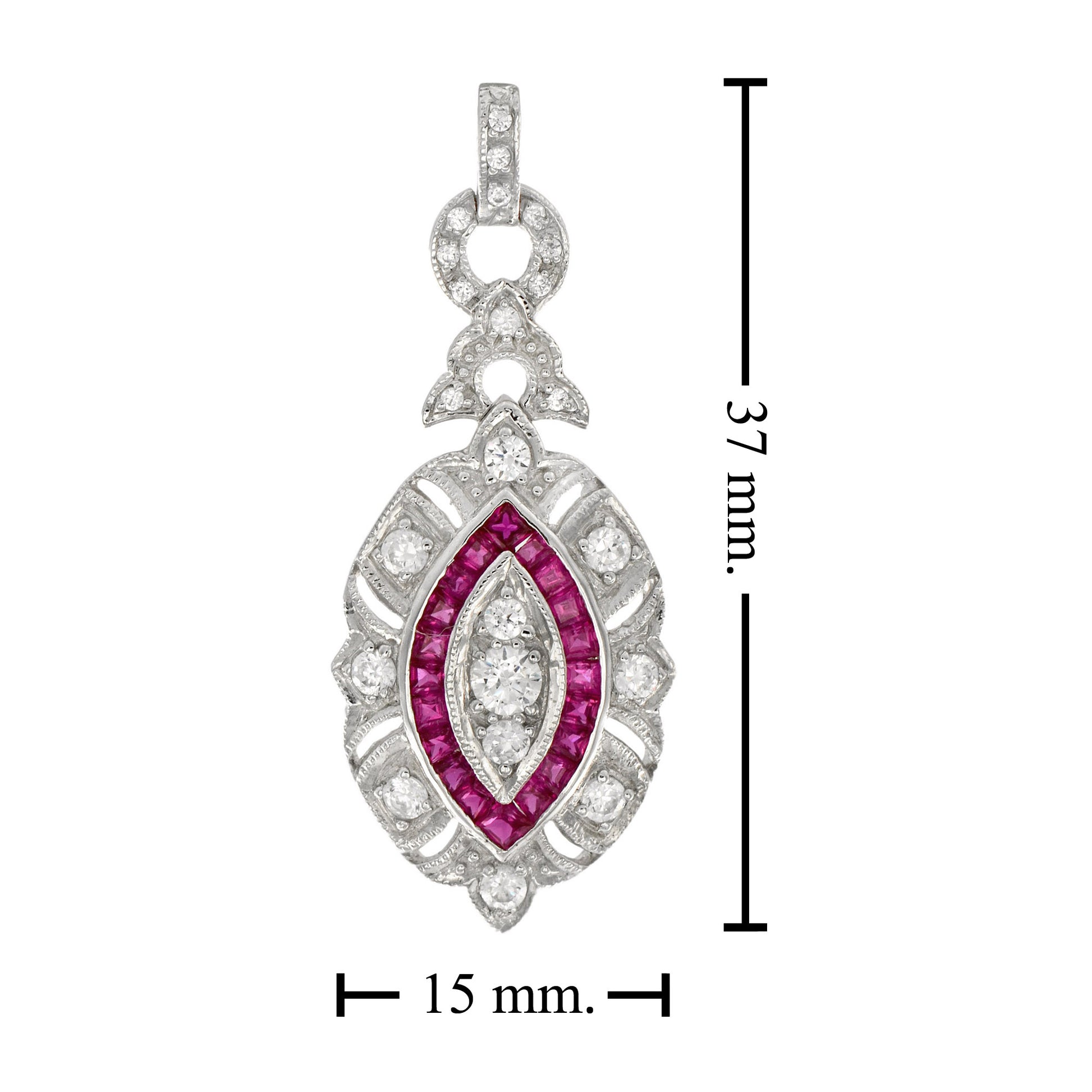 Diamond & Red Pink Ruby Art Deco Style Marquise Shape Dangle White Gold Pendant