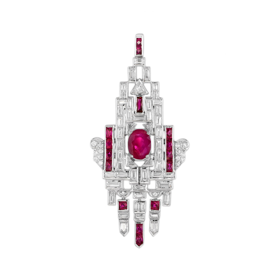Pink Red Ruby &amp; Diamond Art Deco Style Geometric Motif 18K White Gold Pendant