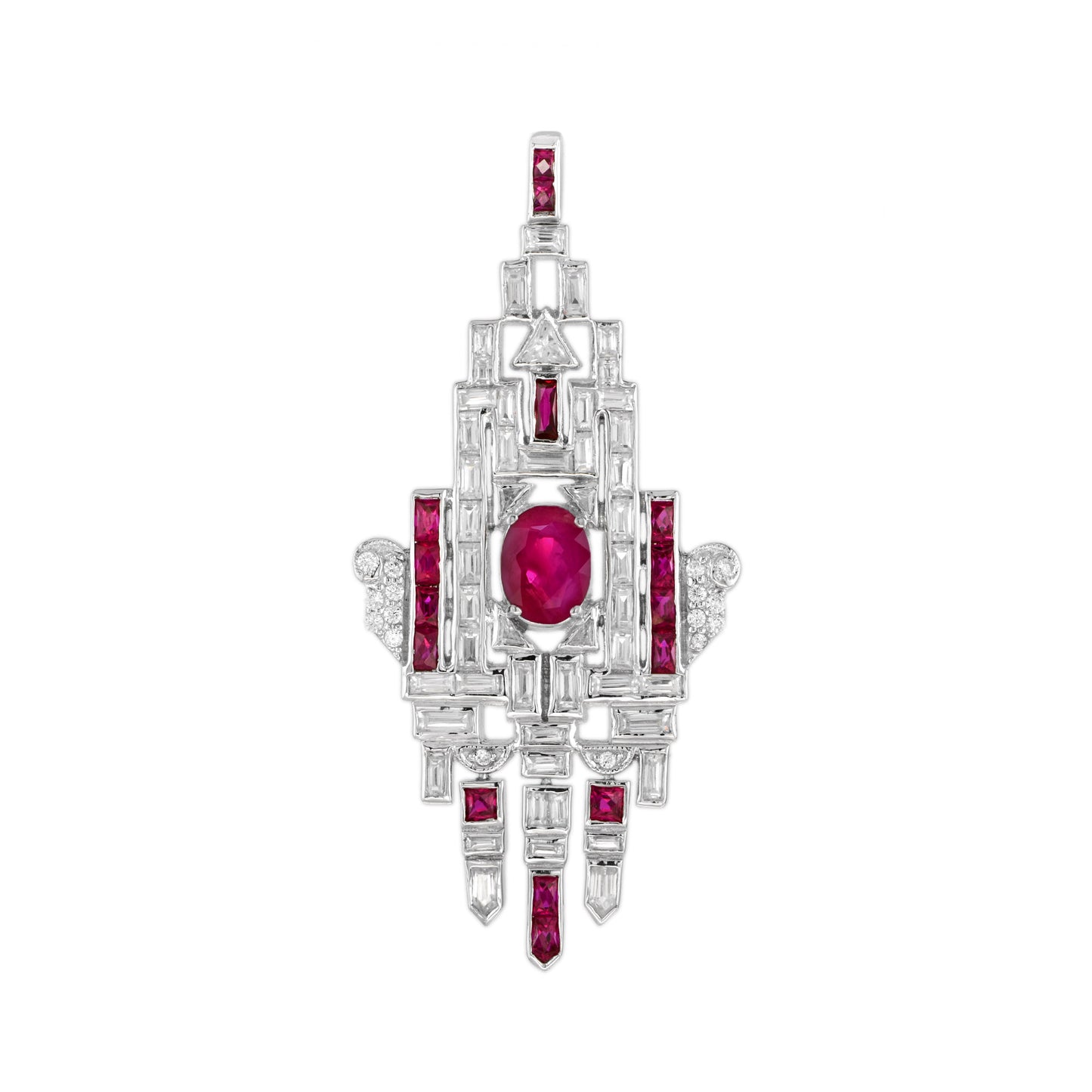 pink red ruby & diamond art deco style geometric motif 18k white gold pendant