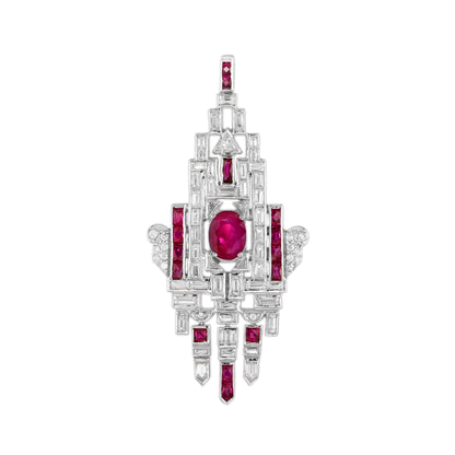Pink Red Ruby & Diamond Art Deco Style Geometric Motif 18K White Gold Pendant