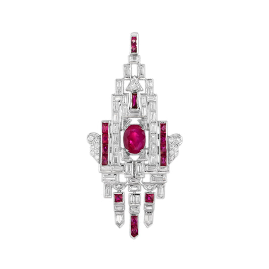 Pink Red Ruby & Diamond Art Deco Style Geometric Motif 18K White Gold Pendant