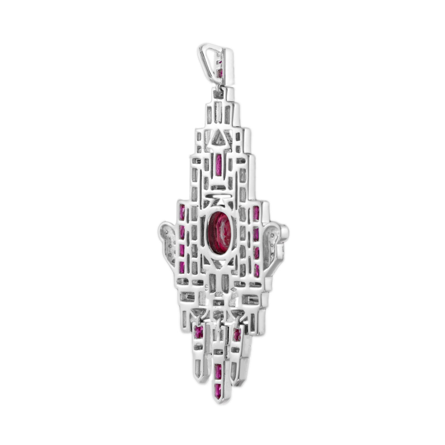 pink red ruby & diamond art deco style geometric motif 18k white gold pendant