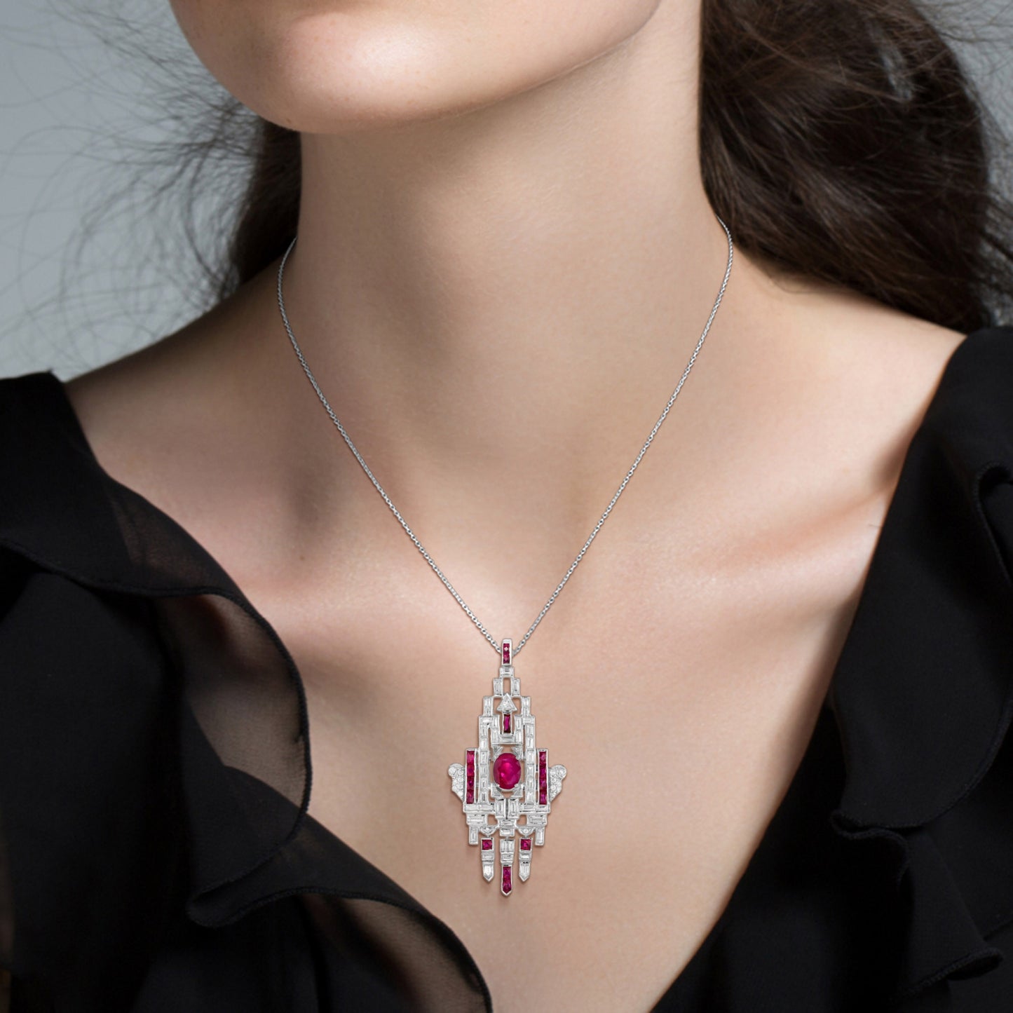 pink red ruby & diamond art deco style geometric motif 18k white gold pendant