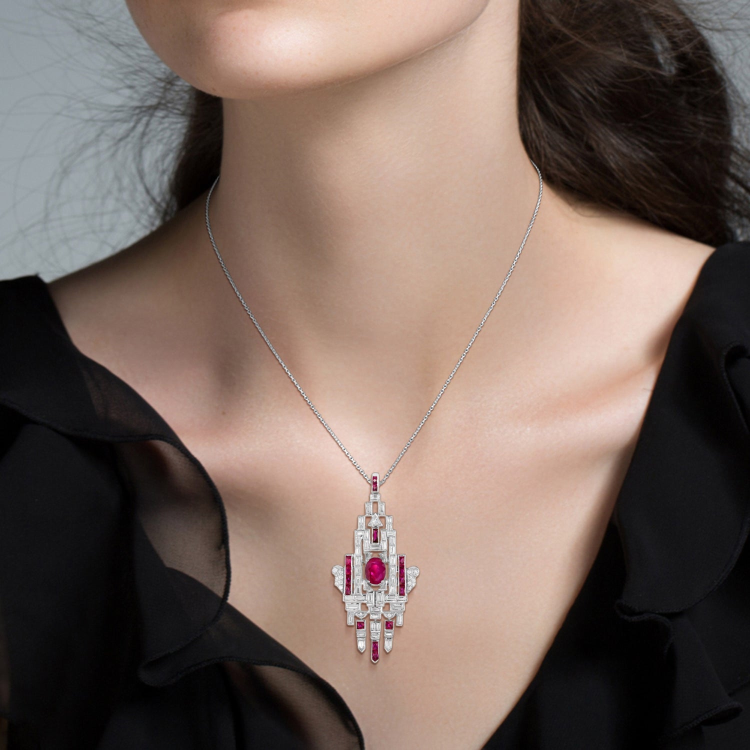 Pink Red Ruby &amp; Diamond Art Deco Style Geometric Motif 18K White Gold Pendant