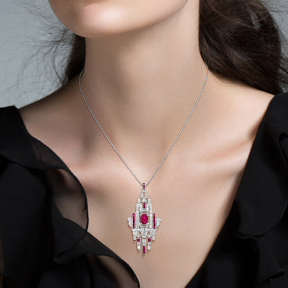 Pink Red Ruby & Diamond Art Deco Style Geometric Motif 18K White Gold Pendant