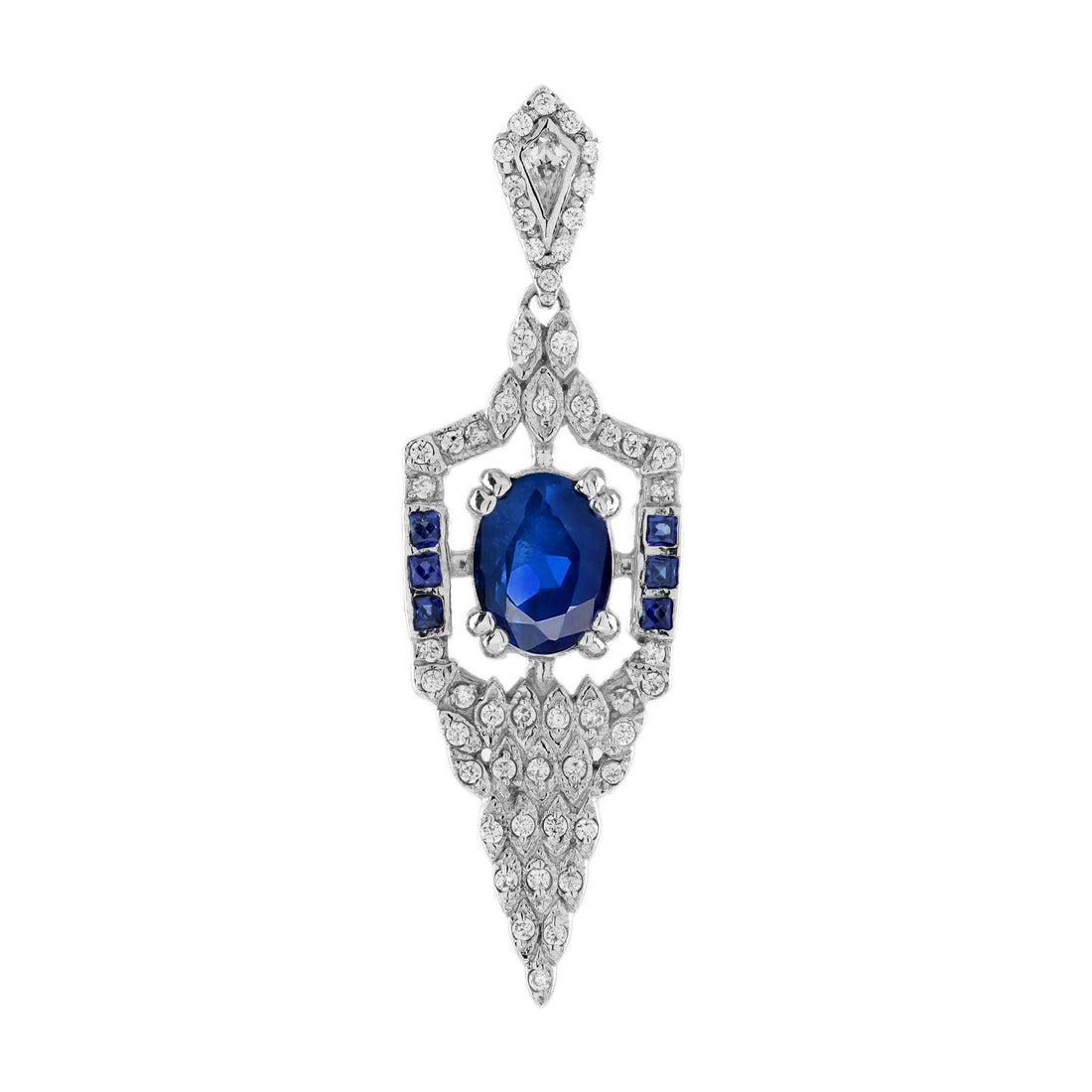 Oval Shape Blue Sapphire Diamond Art Deco Style 14K White Gold Pendant