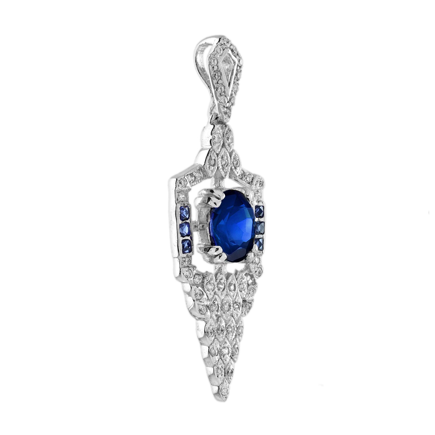 oval shape blue sapphire diamond art deco style 14k white gold pendant