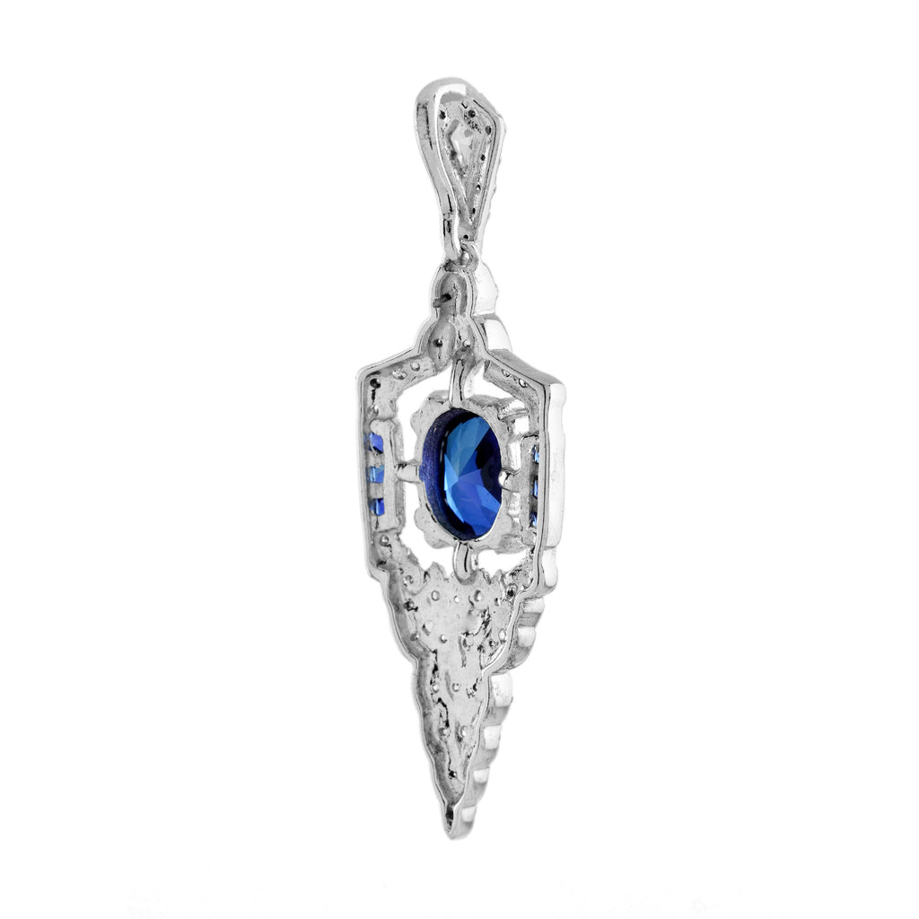 Oval Shape Blue Sapphire Diamond Art Deco Style 14K White Gold Pendant