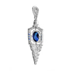 Oval Shape Blue Sapphire Diamond Art Deco Style 14K White Gold Pendant