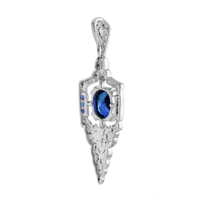 Oval Shape Blue Sapphire Diamond Art Deco Style 14K White Gold Pendant