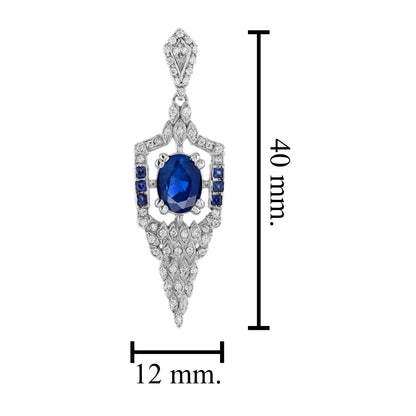 Oval Shape Blue Sapphire Diamond Art Deco Style 14K White Gold Pendant