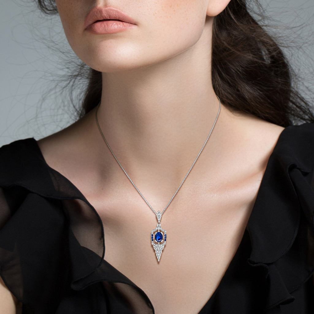 Oval Shape Blue Sapphire Diamond Art Deco Style 14K White Gold Pendant
