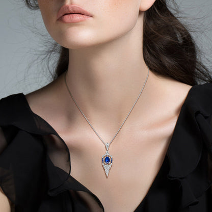 Oval Shape Blue Sapphire Diamond Art Deco Style 14K White Gold Pendant