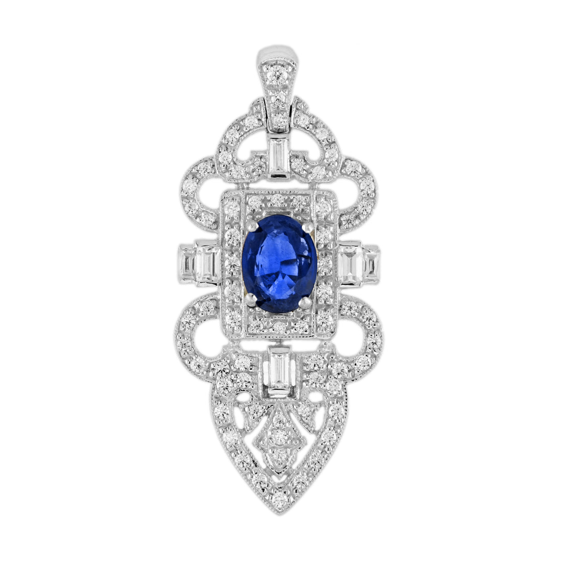 Blue Sapphire &amp; Diamond Art Deco Style Elegance White Gold Pendant