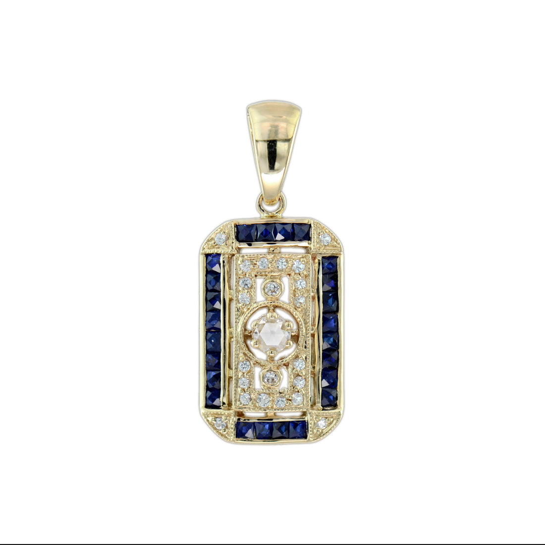 Old Mine Cut Diamond Blue Sapphire Antique Style Filigree Medallion Gold Pendant