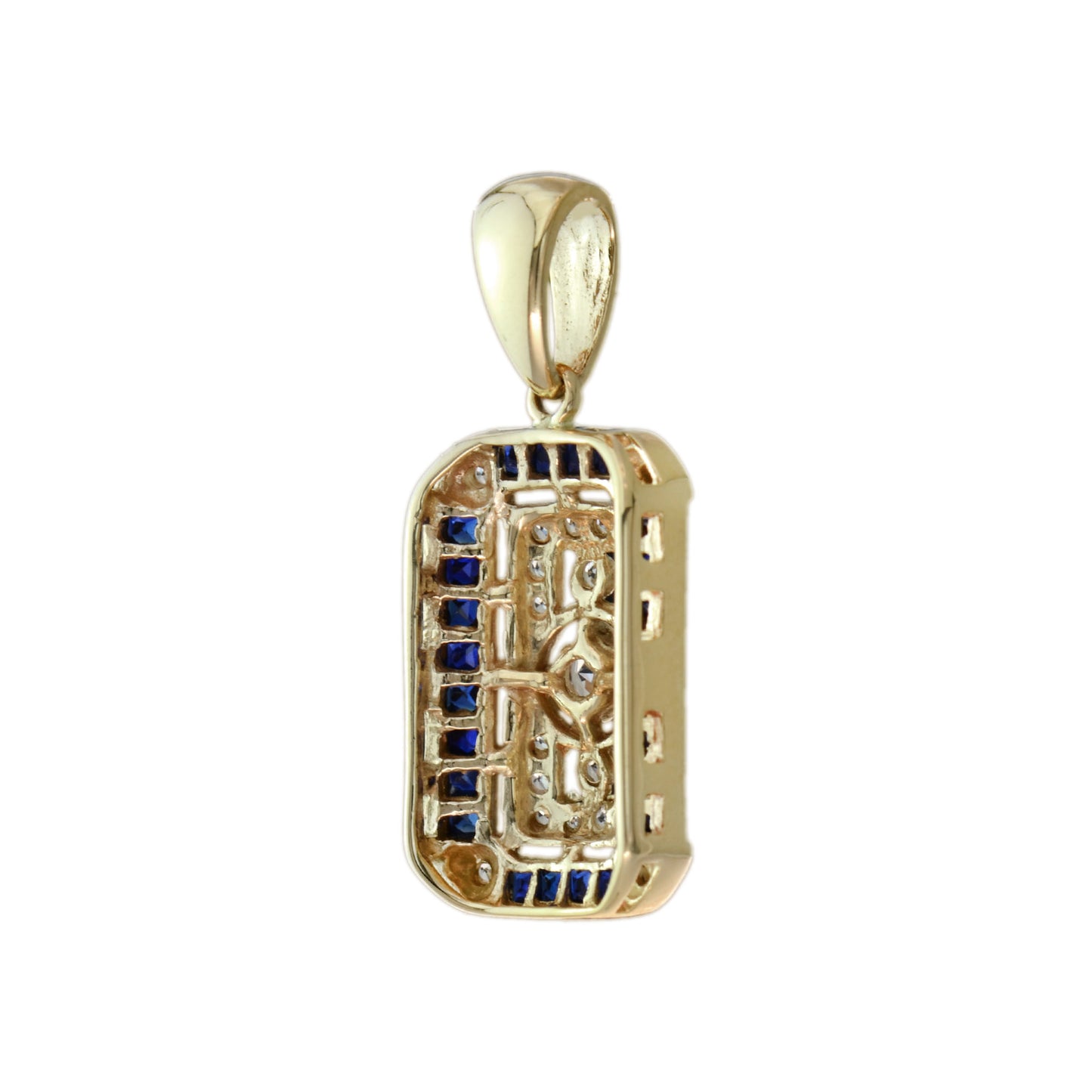 old mine cut diamond blue sapphire antique style filigree medallion gold pendant