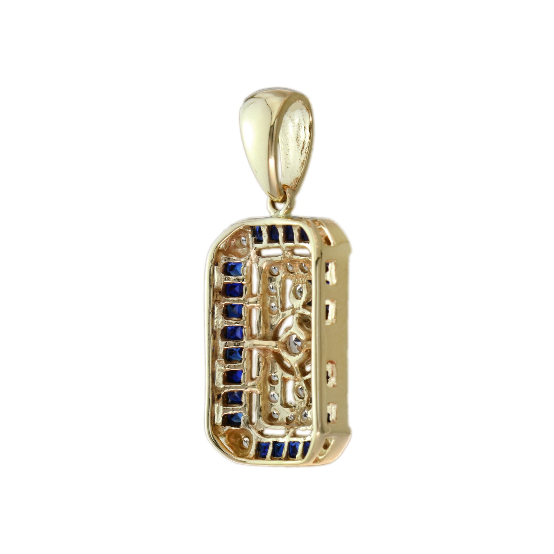 Old Mine Cut Diamond Blue Sapphire Antique Style Filigree Medallion Gold Pendant