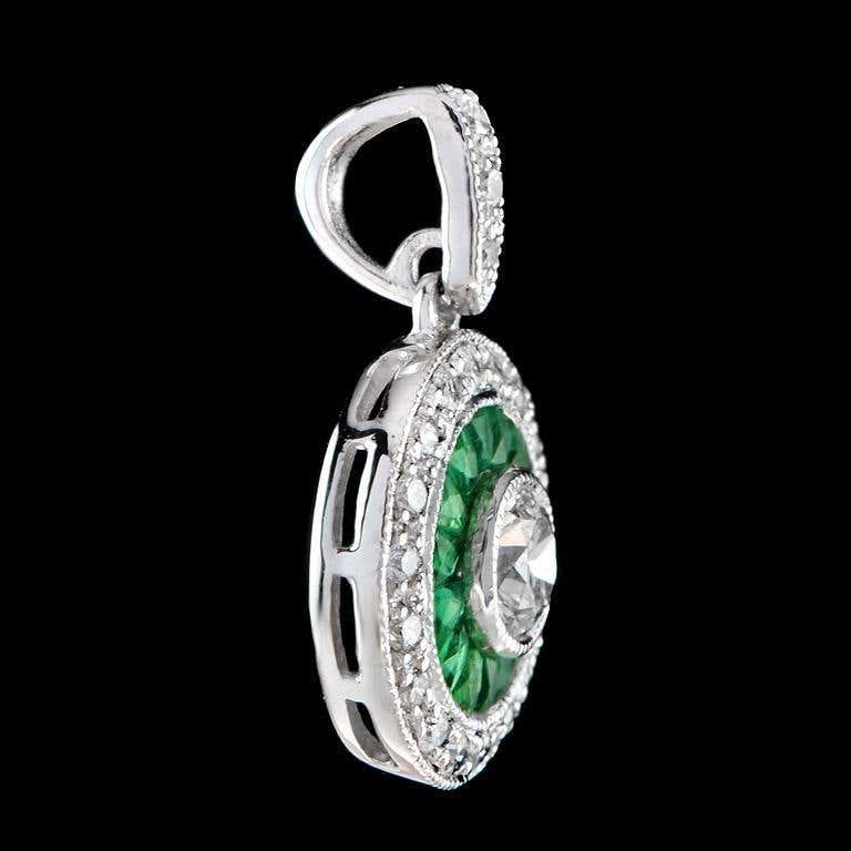 Art Deco Style Brilliant Diamond Green Emerald Fancy Cut Halo White Gold Pendant