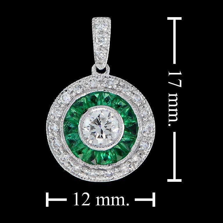Art Deco Style Brilliant Diamond Green Emerald Fancy Cut Halo White Gold Pendant