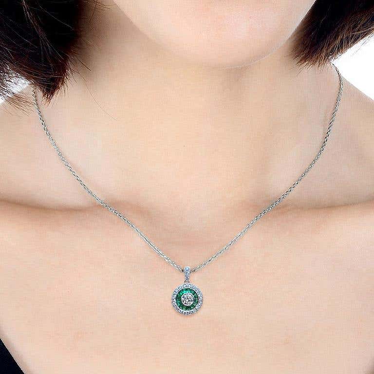 Art Deco Style Brilliant Diamond Green Emerald Fancy Cut Halo White Gold Pendant