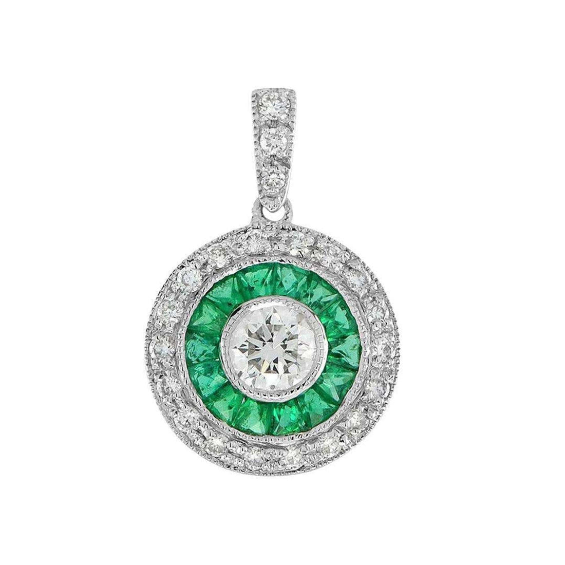 Art Deco Style Brilliant Diamond Green Emerald Fancy Cut Halo White Gold Pendant