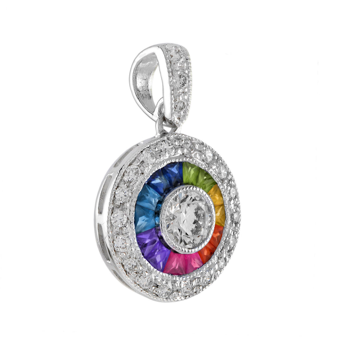Diamond & Rainbow Sapphire Halo Set Art Deco Style 14K White Gold Pendant