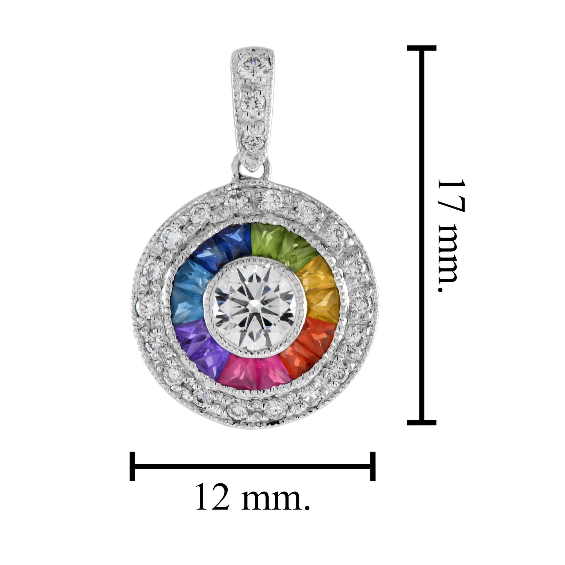 Diamond & Rainbow Sapphire Halo Set Art Deco Style 14K White Gold Pendant