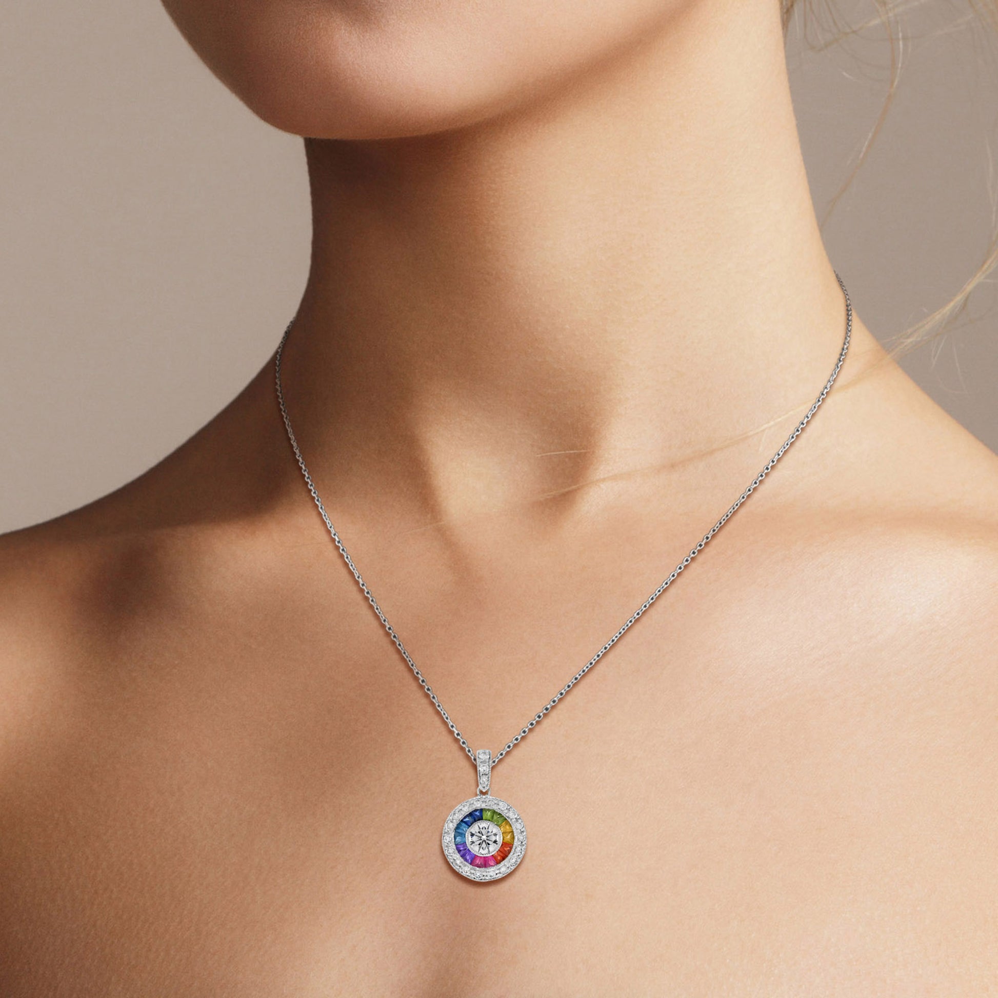 Diamond & Rainbow Sapphire Halo Set Art Deco Style 14K White Gold Pendant