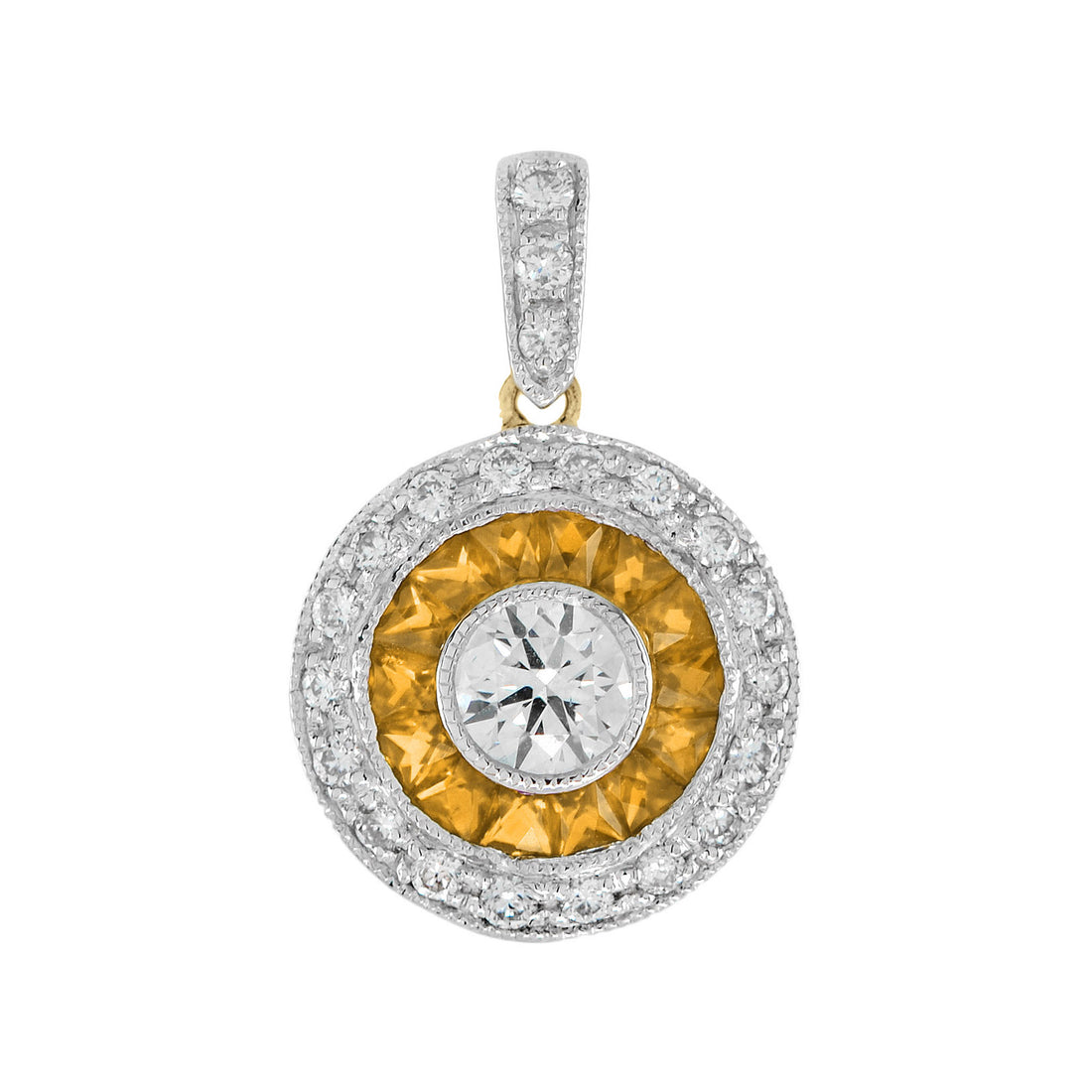 Diamond & Orange Sapphire Deco Style Halo Set 14K Gold Pendant