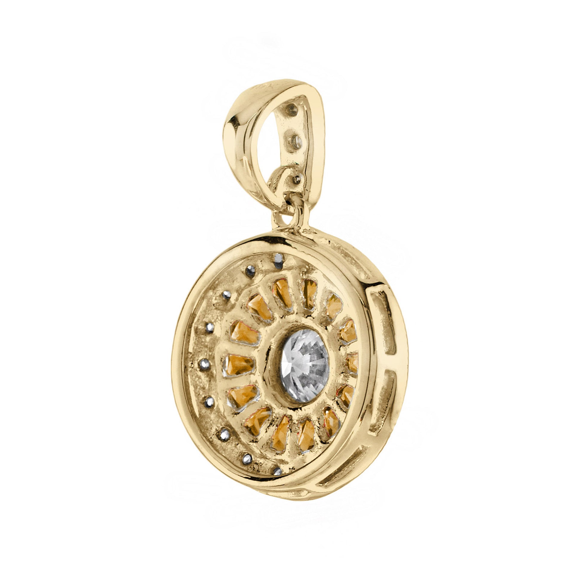 Diamond & Orange Sapphire Deco Style Halo Set 14K Gold Pendant