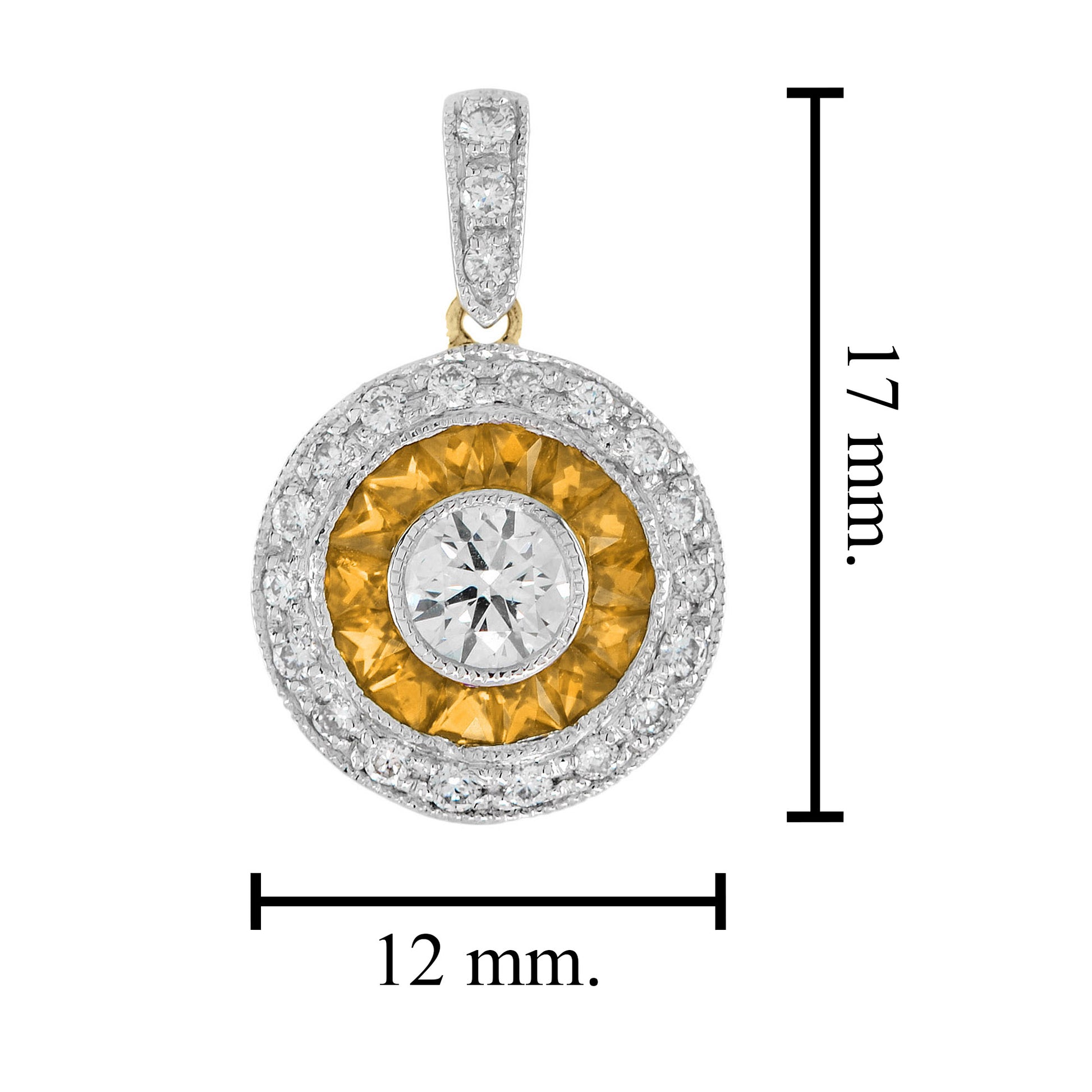 Diamond & Orange Sapphire Deco Style Halo Set 14K Gold Pendant