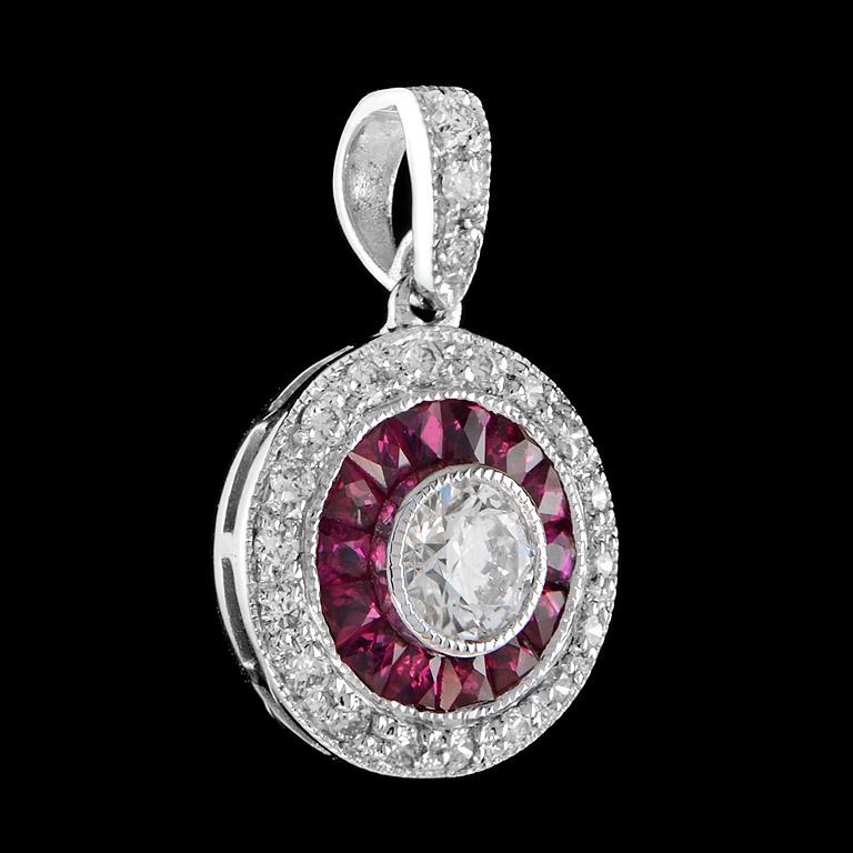 Art Deco Style Diamond & Red Pink Ruby Halo Set 14K White Gold Pendant