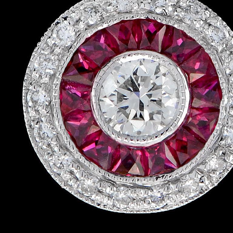 Art Deco Style Diamond & Red Pink Ruby Halo Set 14K White Gold Pendant