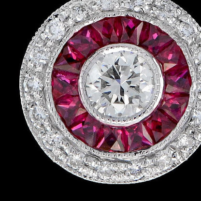 Art Deco Style Diamond & Red Pink Ruby Halo Set 14K White Gold Pendant