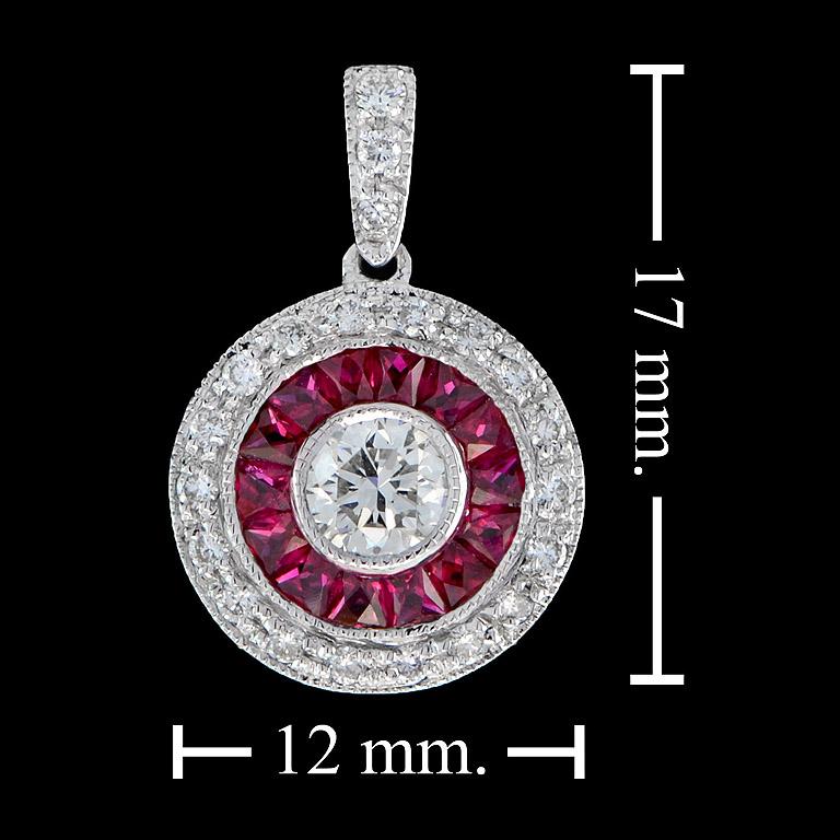Art Deco Style Diamond & Red Pink Ruby Halo Set 14K White Gold Pendant